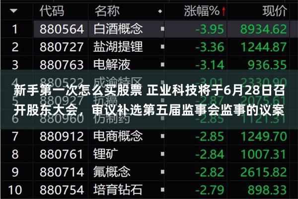 新手第一次怎么买股票 正业科技将于6月28日召开股东大会，审议补选第五届监事会监事的议案